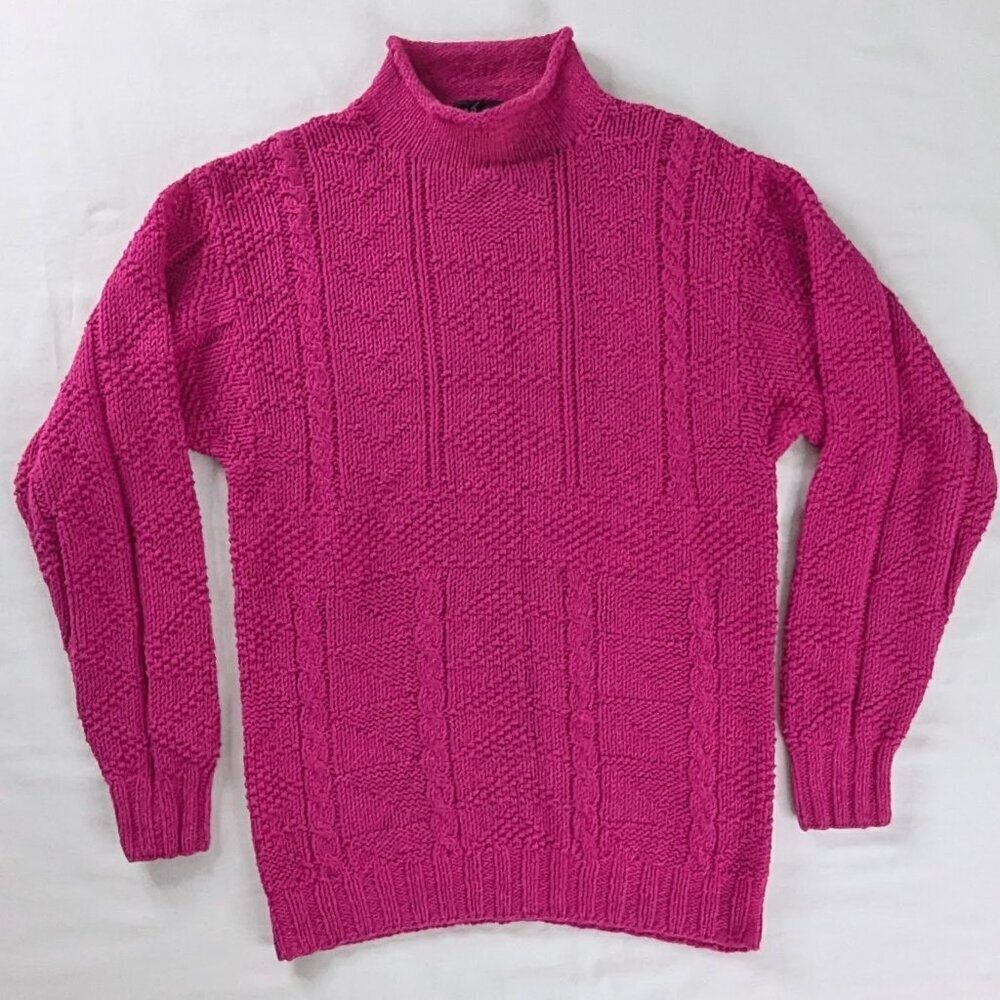 VTG Ralph Lauren Pink Chunky Cable Knit Silk Cotton Mockneck Sweater Hand Knit